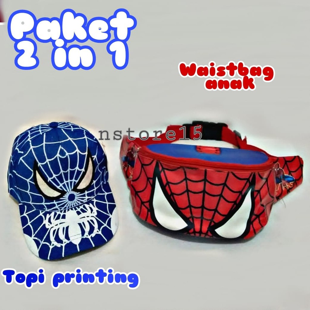 [BIG SLE] WESTBAG ANAK PAKET 2IN1 WAISTBAG ANAK MOTIF KARTUN DAN TOPI PRINTING PAKET 2 IN 1 WAISTBAG ANAK DAN TOPI ANAK SPIDERMAN