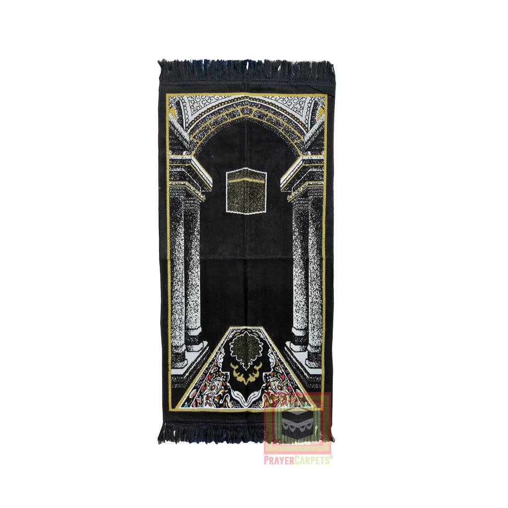 Sajadah Muslim Size 51x102cm Black Desain Kakbah Dengan Glitter Emas Motif Pilar-Pilar