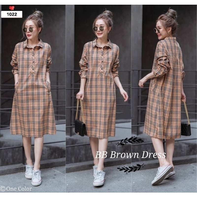 DRESS BBR #1022 (coklat) Dres Midi mididress kotak square buberry Korean style fashion Korea casual