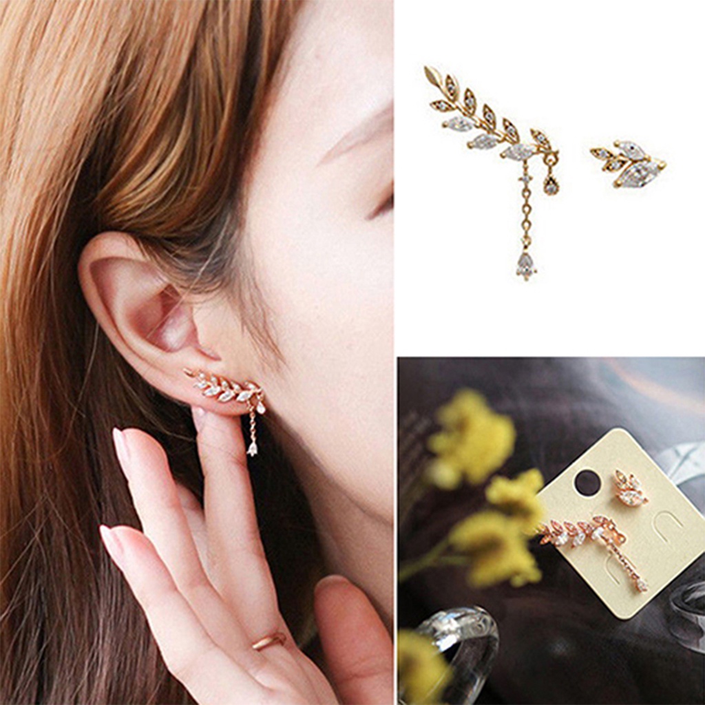 Hu Hu Hu Hu Hu Alat Bantu Pasang Kacamata♡ Anting Stud Asimetris Bentuk Daun Rumbai Aksen Berlian Imitasi Anti Karat Untuk Wanita