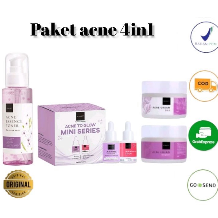 Paket acne 4 in 1 Scarlett whitening Serum mini acne + Serum mini glowtening+ acne essence toner+ ac