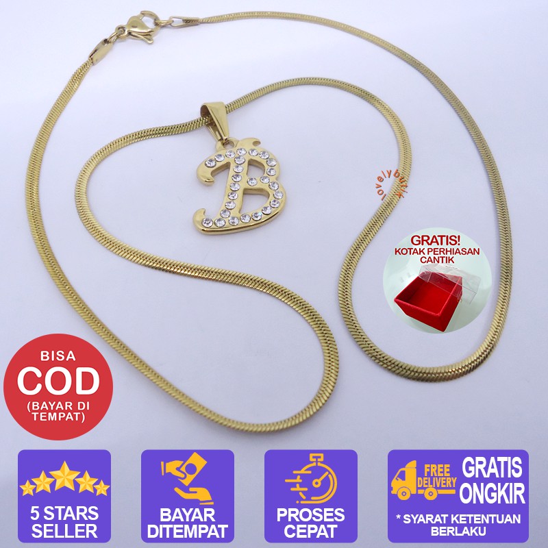 Lovelybutik Honey Kalung Huruf Titanium Anti Karat Inisial B Uk 45 cm BONUS KOTAK PERHIASAN