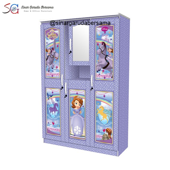 LEMARI ANAK 3 PINTU / 2 PINTU KARAKTER SOFIA THE FIRST DENGAN KACA