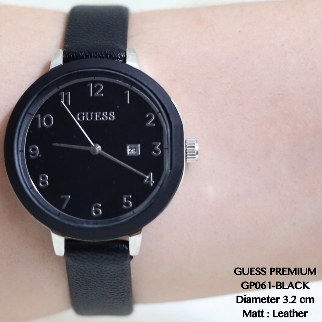 Jam tangan wanita guess premium tanggal aktif tali kulit leather flash sale termurah GP061