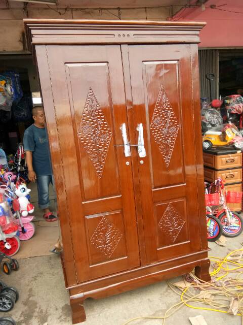 Lemari Almari Pakaian Kayu Jati 2 Pintu buka tutup Cermin  / Lemari Sliding 2pintu