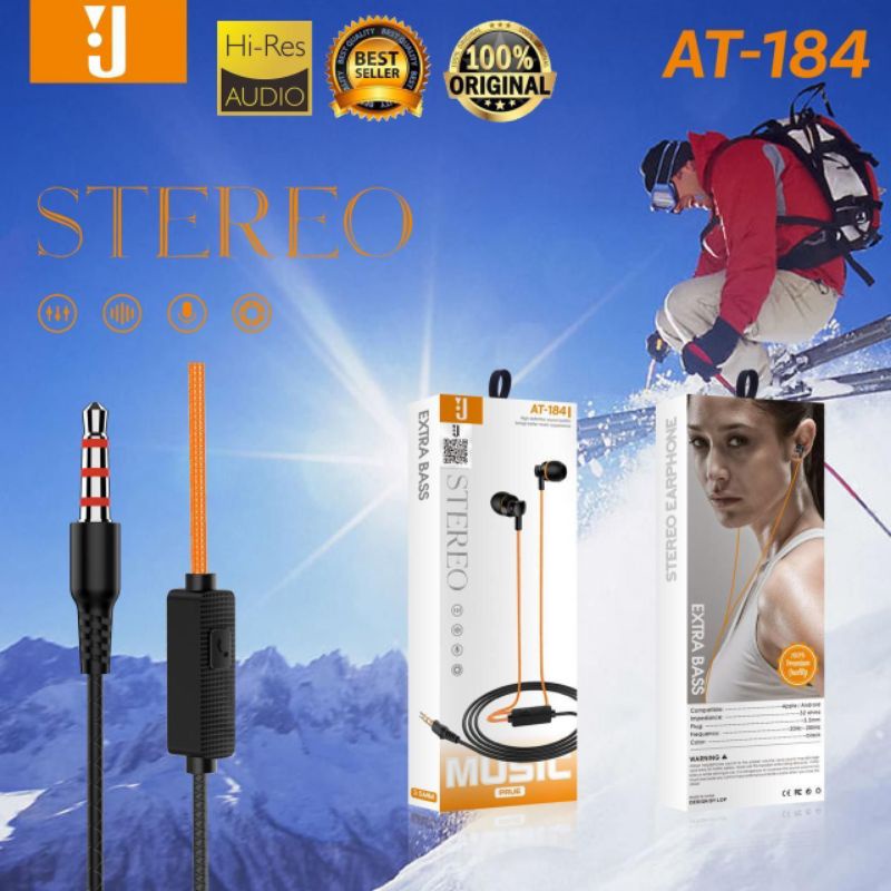 Earphone T184 stereo bass music telfon headset mic