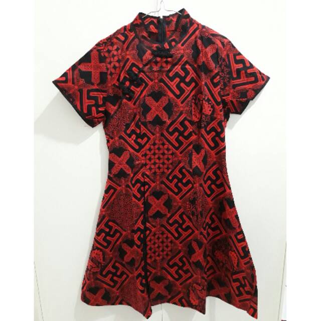 SALE DRESS BATIK MODEL CHEONGSAM MERAH HITAM SIZE BESAR JUMBO