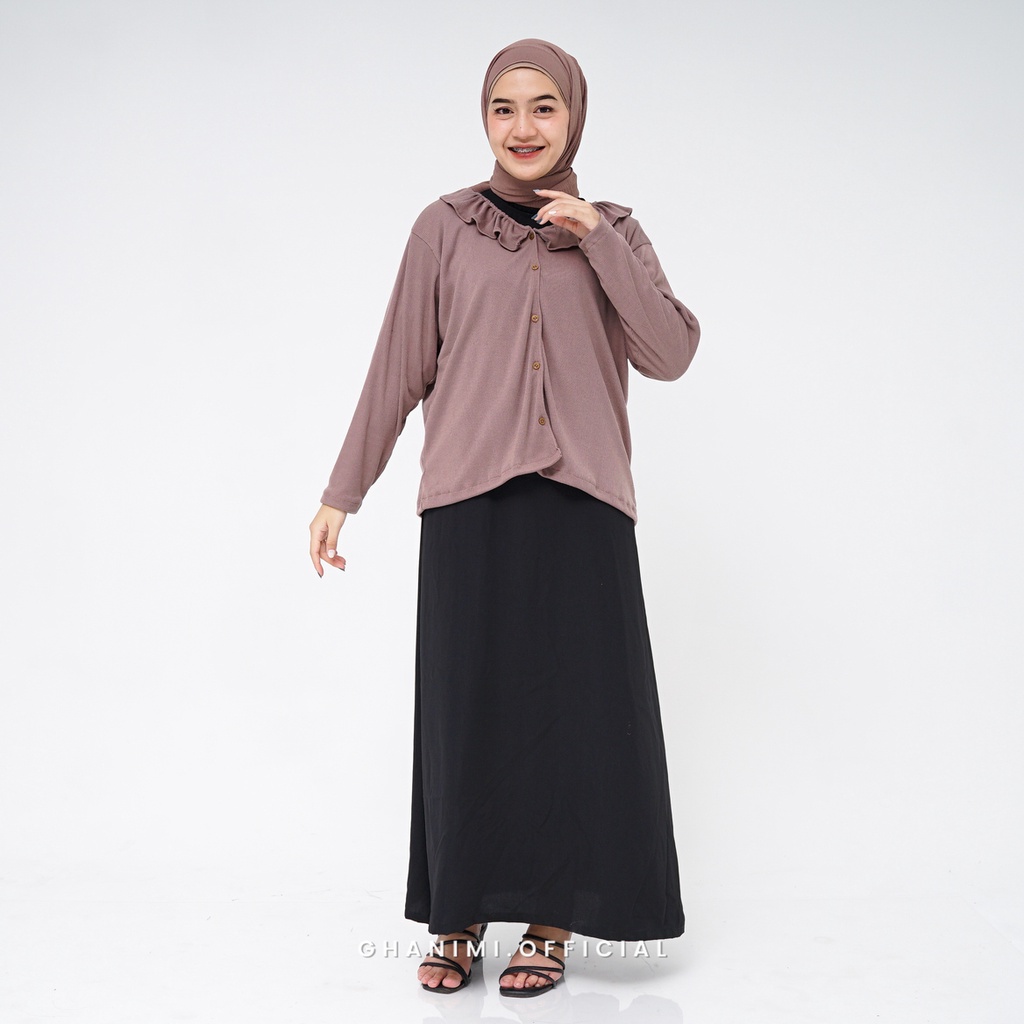 Ghanimi - Syira Cardigan / Outer Rajut Polos kerah ruffle / outer rib knit tebal kekinian / outer korean style / cardigan aesthetic