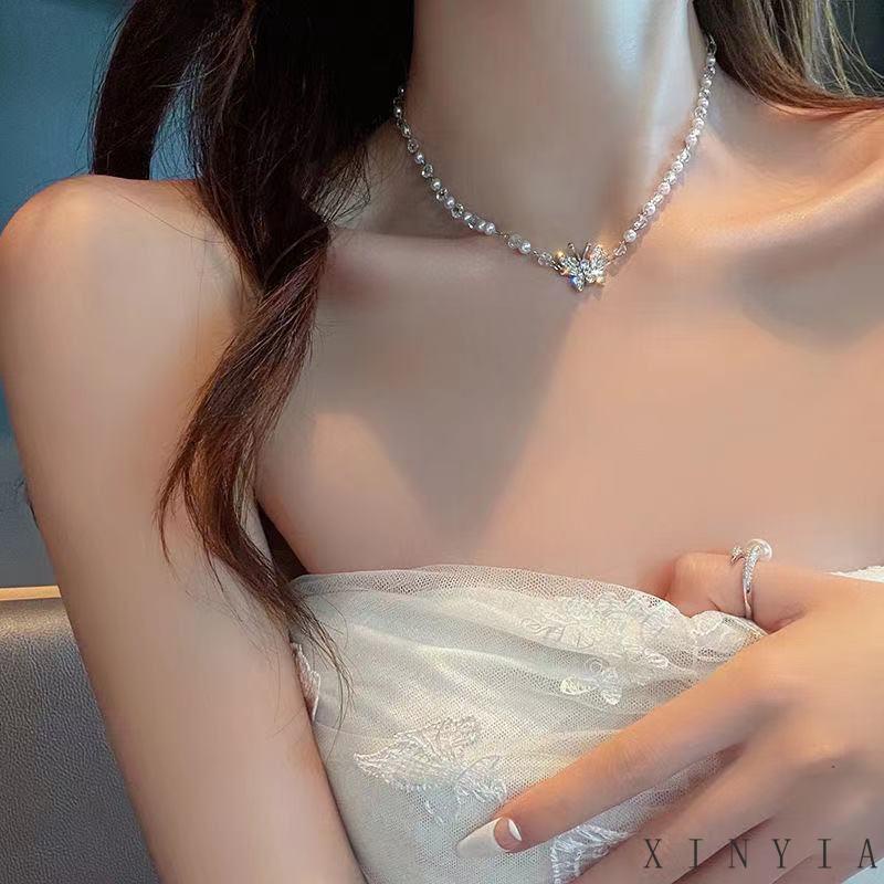 【COD】Kalung Diamond Flash Butterfly Pearl Kupu-kupu Mutiara Fashion Korea Wanita Womens Trendy Niche Collarbone Chain Necklace