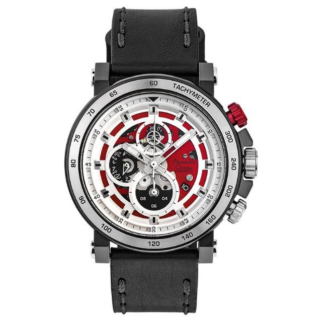 Jam Tangan Alexandre Christie AC 6429 MC Leather / Kulit Black White Red Pria / Cowok Original