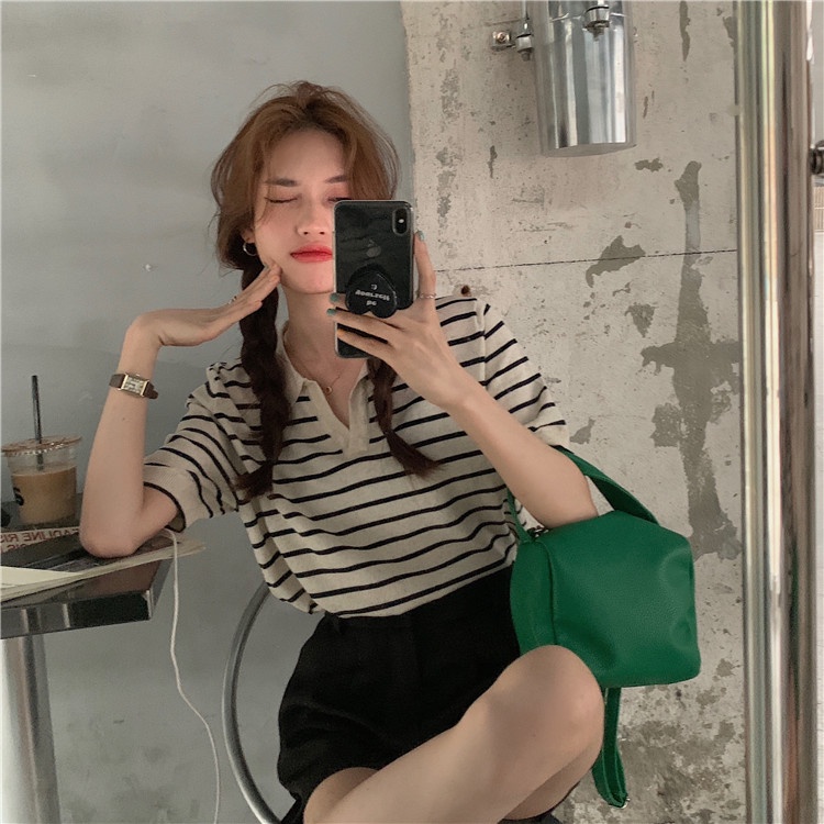 kaos rajut wanita Atasan rajut lengan pendek Korean retro style kasual Knit stripe T-shirt