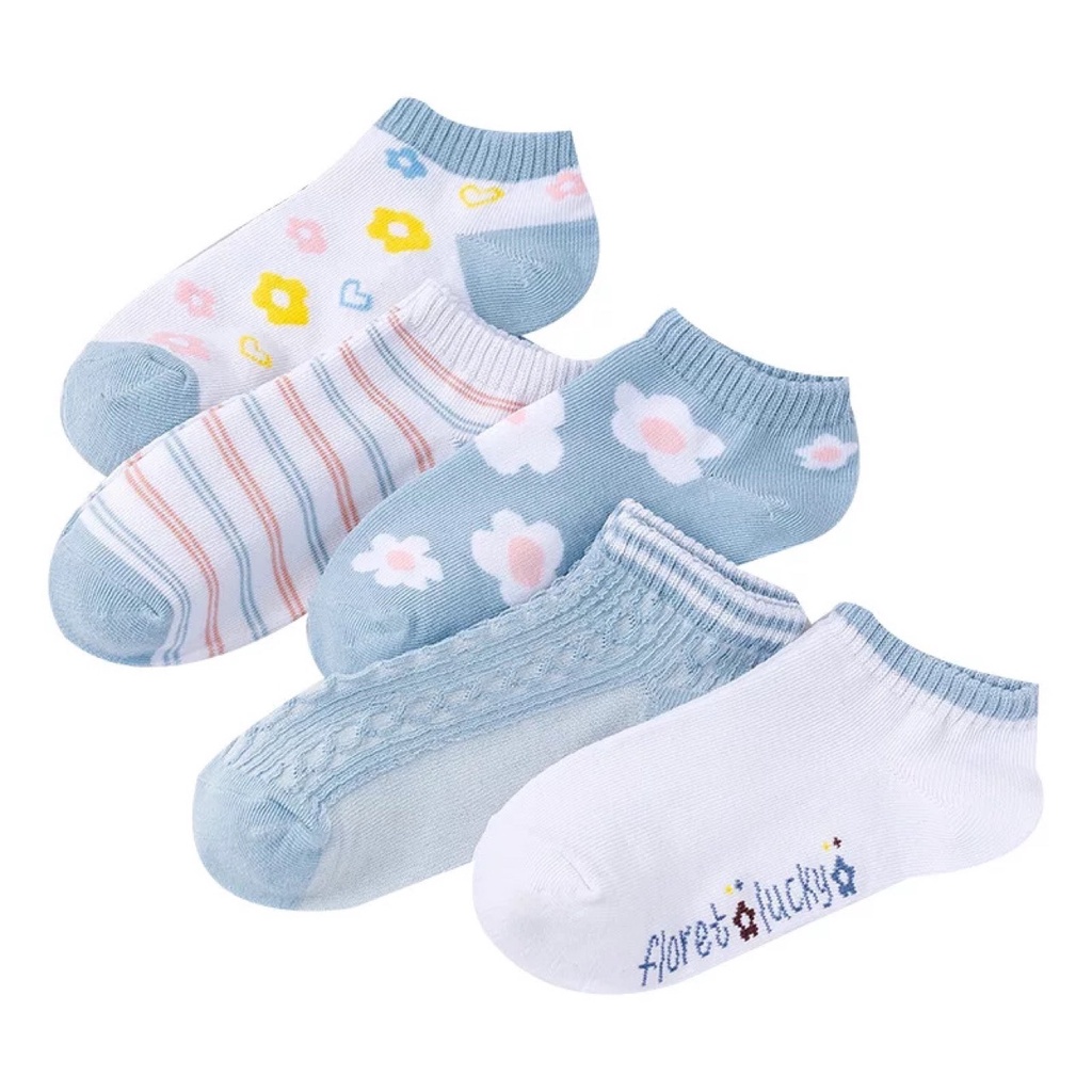 OVERFLOWS.ID Kaos Kaki Wanita Motif Bunga Biru Women Sock Fashion Korea Import Murah