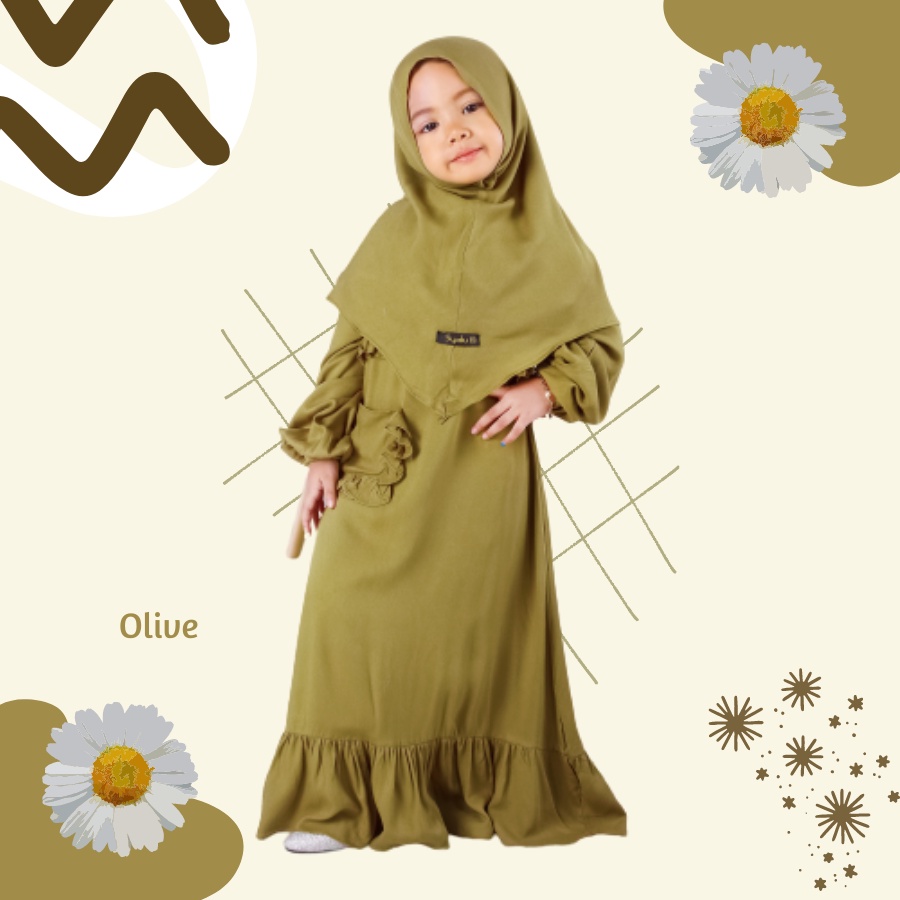 Set Gamis Humaira Anak Usia 1 Sampai 2 Tahun Bahan Rayon Twill Premium Ternyaman Polos Olive