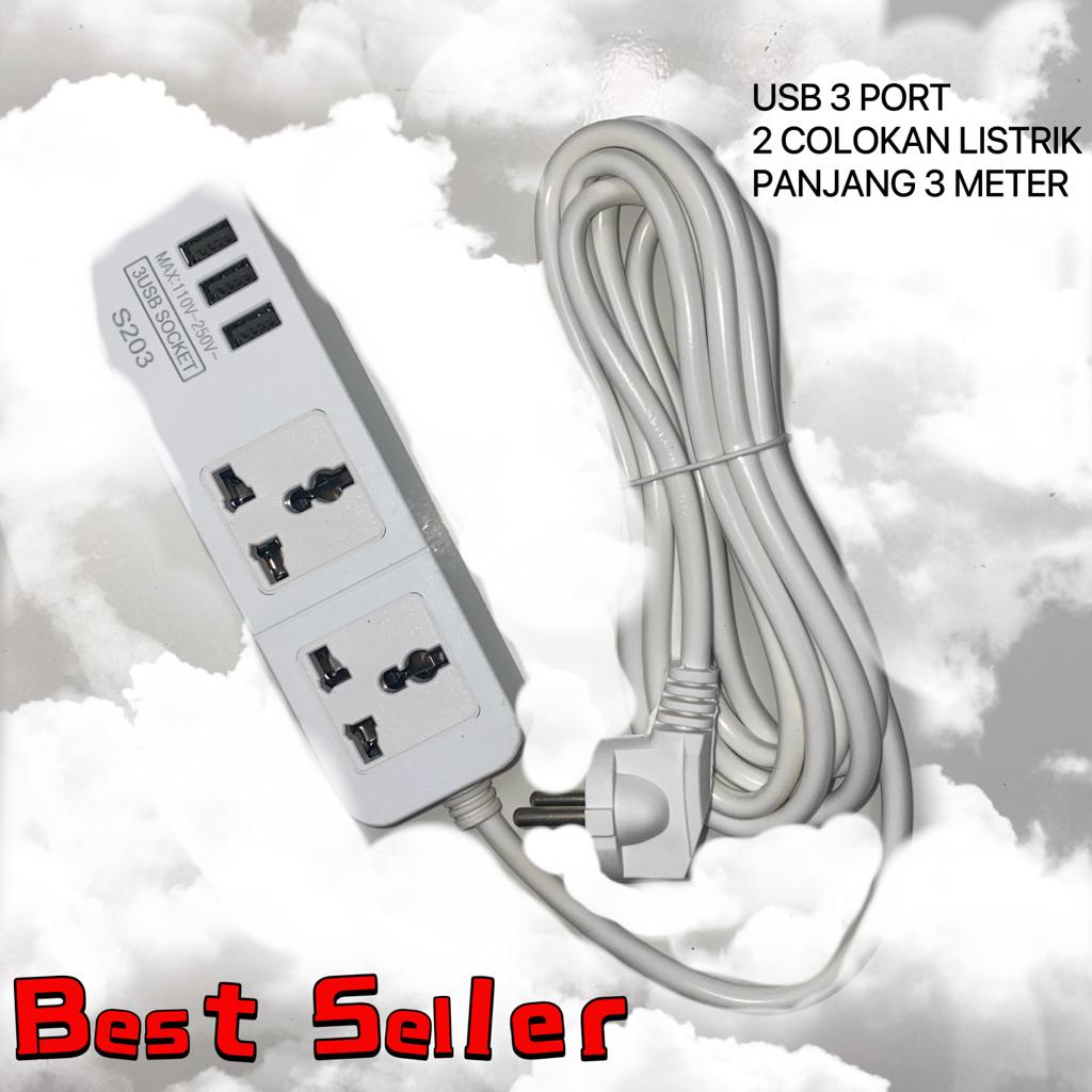 ❤Freedom❤ Original Power Strip Stop Kontak Colokan Listrik 2 Power Socket 3 Smart USB Port S203