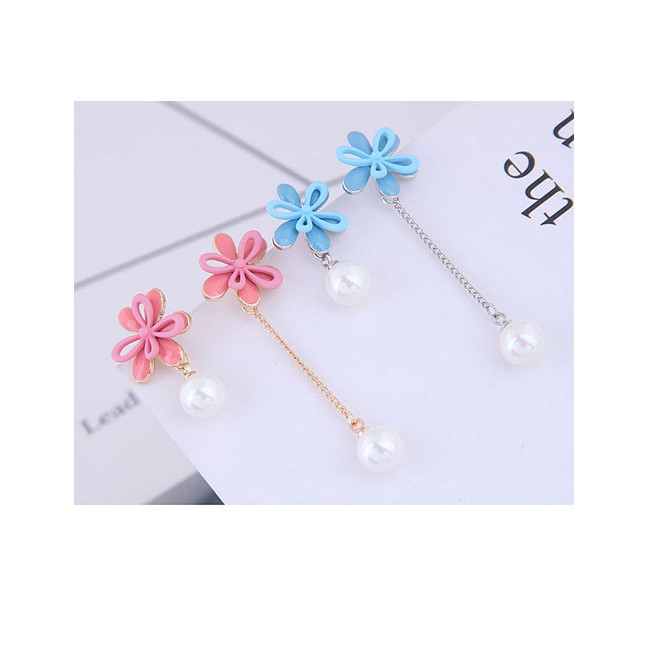 LRC Anting Tusuk Fashion Blue Flower Pearl Asymmetric Stud Earrings A60200