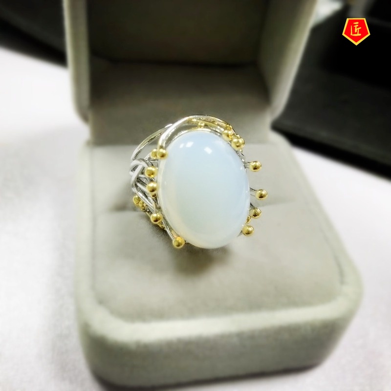 [Ready Stock]Fashion Personality Inlaid Moonstone Silver Ring Women