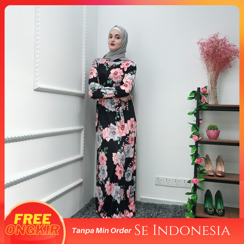 Fashion Muslim Lr237  Muslim Cetakan Baru Lace Up Gaun