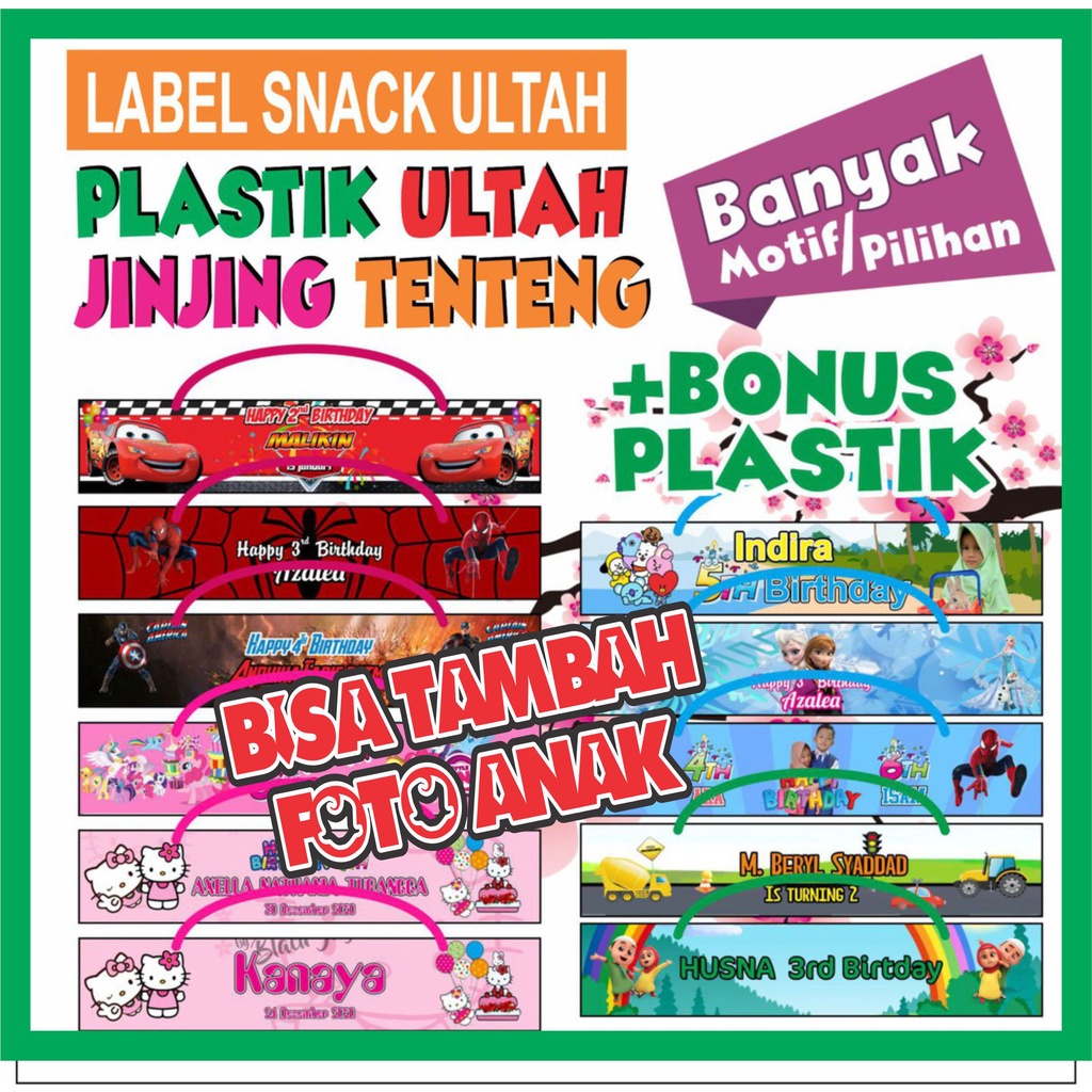 

(Minimal order 30) Label Tas Ultah Snack Plastik Ulang Tahun Bisa Custom Nama dan Foto Anak Free Desain