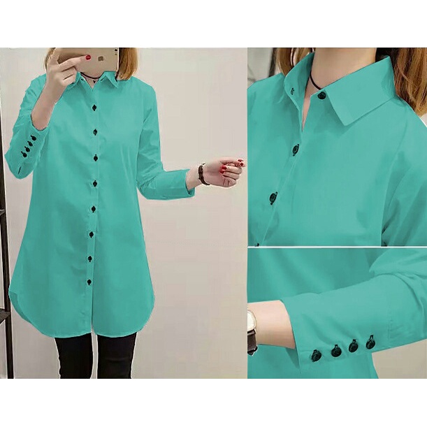 Baju Wanita Atasan Kemeja Tunik Aqua Button lengan panjang