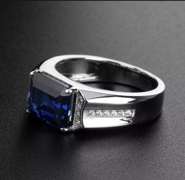 Cincin Pria Perak Blue Sapphire Safir Biru Cutting Mewah Modern Berkelas