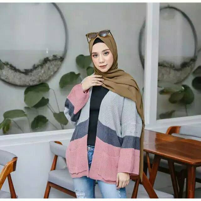MAHERA CARDIGAN | CARDIGAN RAJUT KOMBINASI 3 WARNA | TRITONE COMBI CARDIGAN | KARDIGAN STRADIVARIUSE