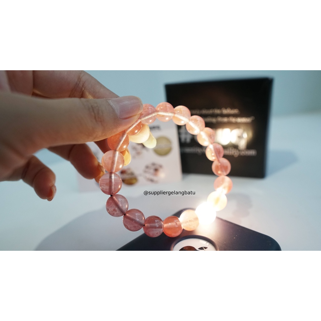 gelang batu cherry quartz premium batu kuarsa alam ceri pink import