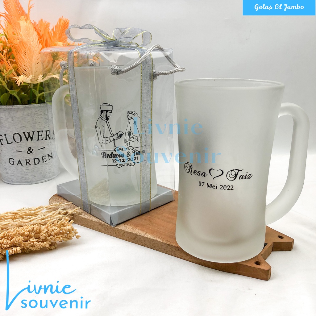 Souvenir Gelas CL Jumbo Bening dan Doff Custom Sablon