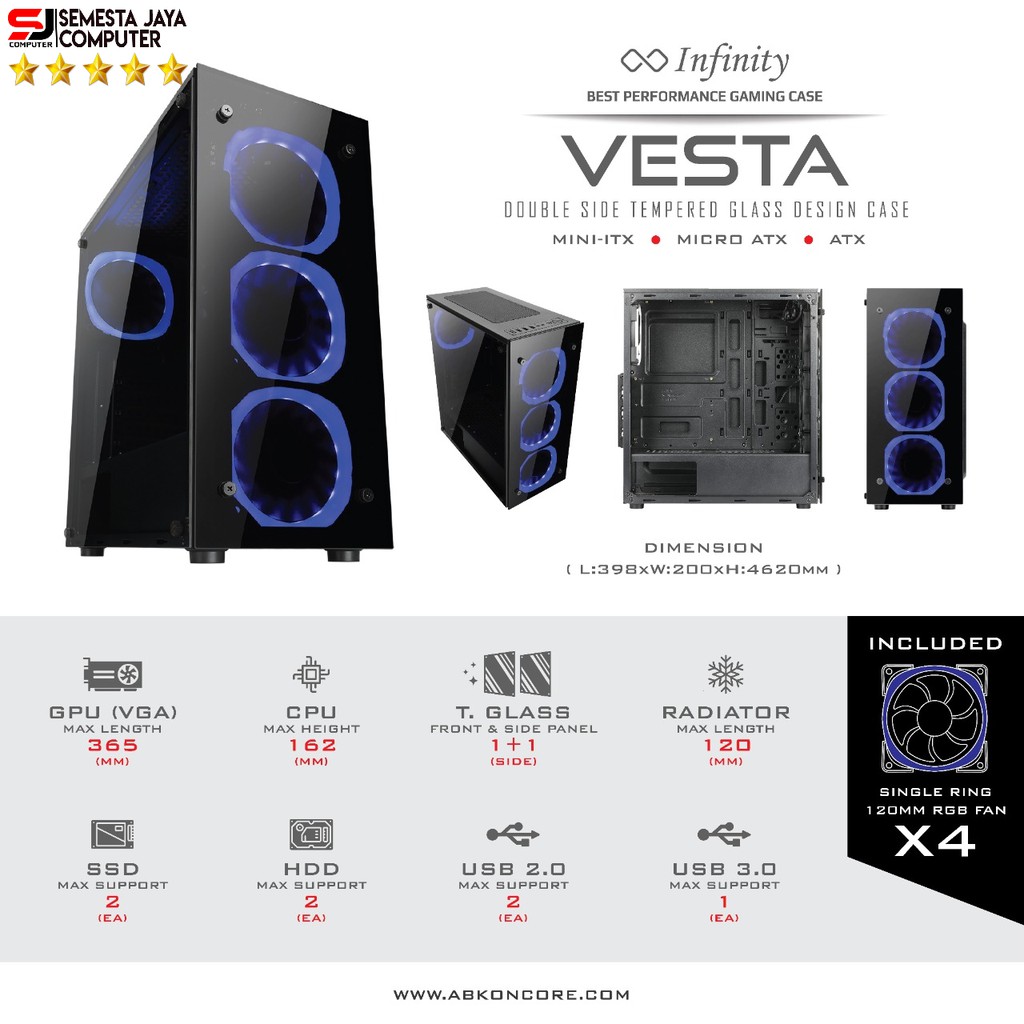 CASE INFINITY VESTA - 4 Fan Blue | ATX | Front &amp; Side Tempered