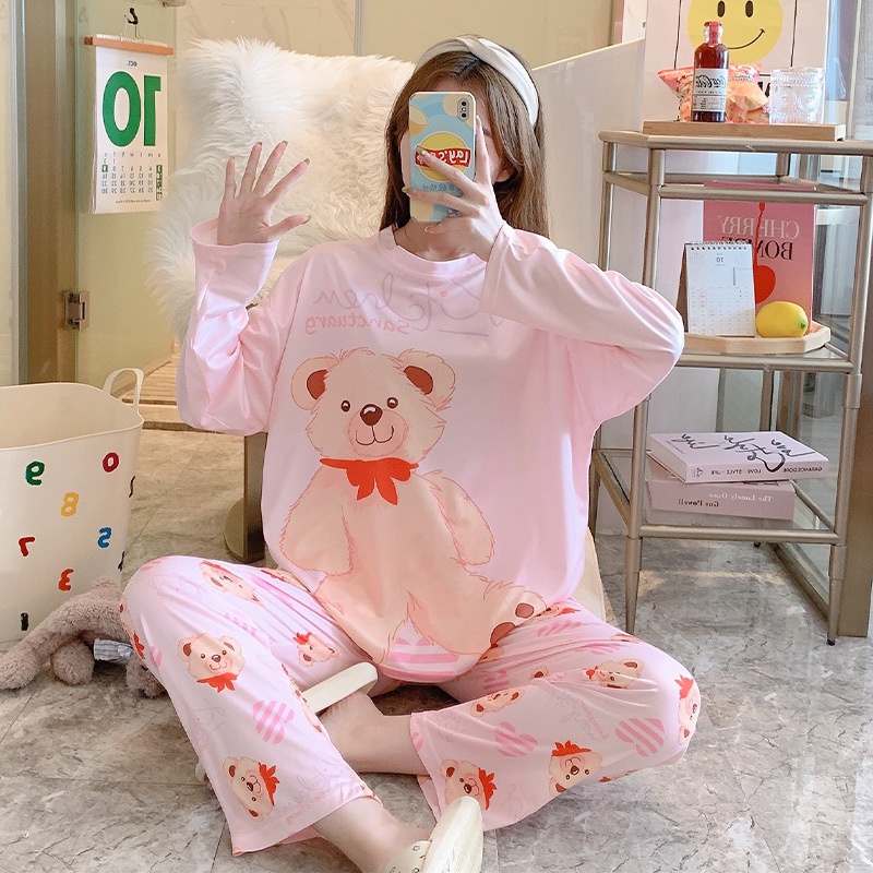 Setelan Piyama Oversize Bahan katun Adem Lengan Panjang Setelan Baju Tidur Wanita Oversize Piyama Pakaian Tidur Wanita Set Piyama Wanita Dewasa Motif Imut Karakter Kartun-5
