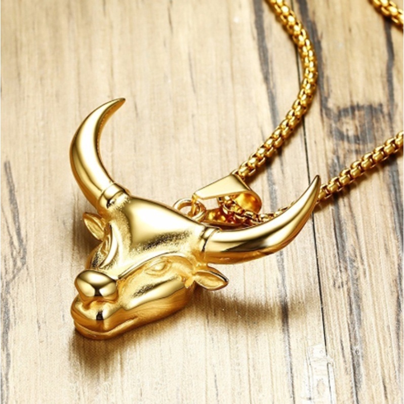 Kalung Rantai Dengan Liontin Kepala Banteng Tribal Untuk Pria