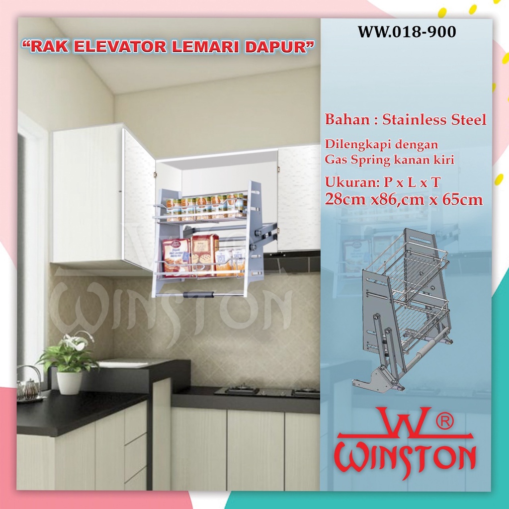 Rak Tarik Elevator Bumbu Basket Stainless WINSTON WW 18-90 Rack Bumbu Dapur support gaspring slow