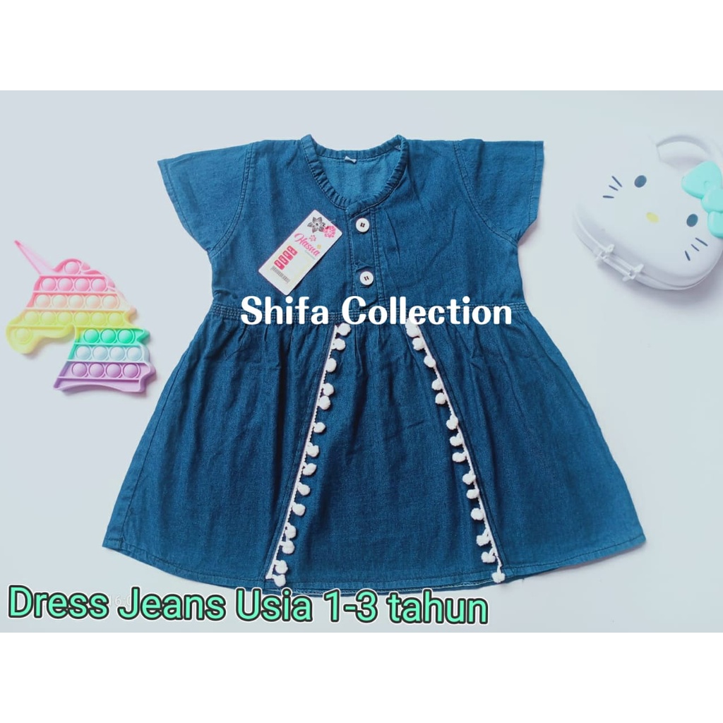 Baju Dress Jeans / Baju Dress Anak Perempuan Bahan Jeans Sakuratex 6,5 Ons Ukuran 4.5.6. usia 1-3 tahun