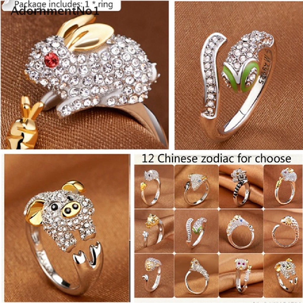 (AdornmentNo1) Cincin Motif Kelinci / Babi / Naga / Kuda / Monyet / Ular / Domba / Anjing Aksen Kristal Untuk Perhiasan Wanita