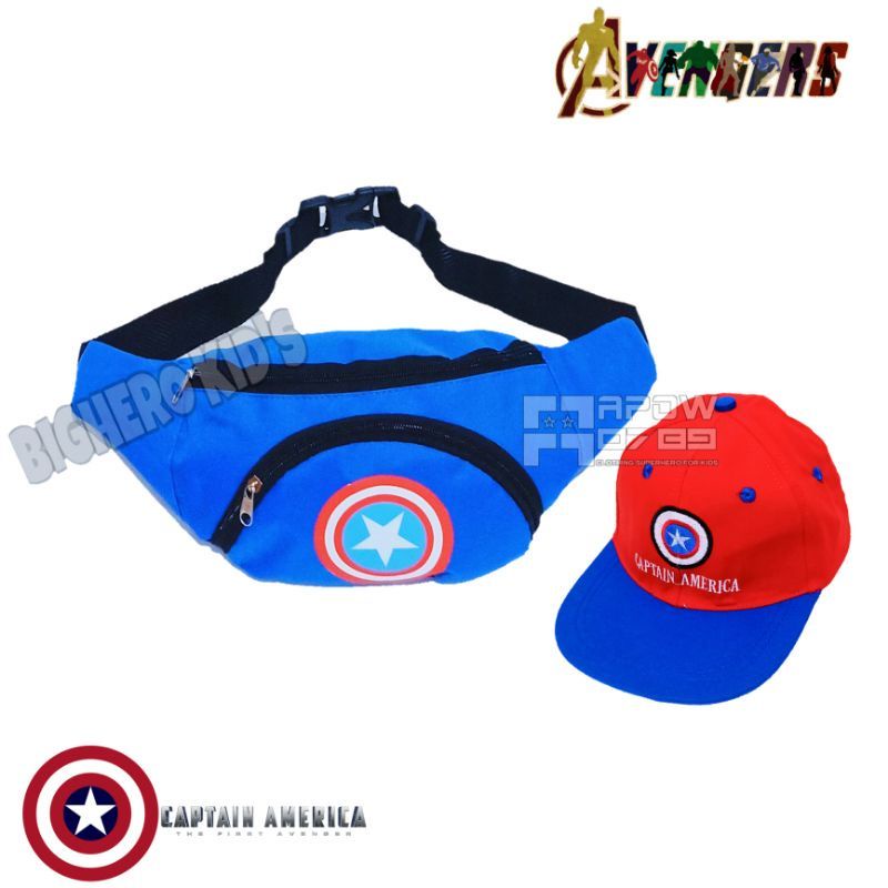 Paket 2in1 tas selempang waistbag anak dinir captain Amerika bonus topi baseball anak bordir