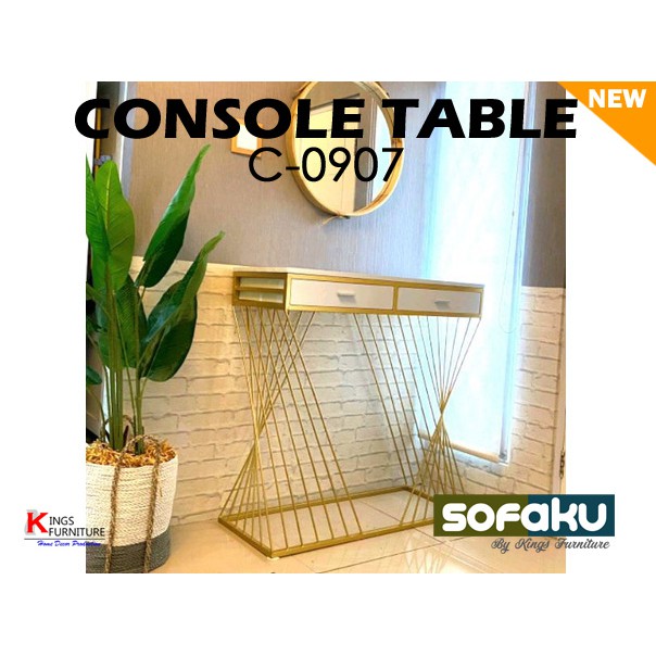 Console Table C Meja Konsol Laci Kaki Gold Motif Marmer Meja Tv