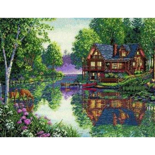 

Paket kristik rumah kabin pedesaan danau rusa full cross stitch kit 14ct pola kain embroidery kerajinan tangan craft diy dmc nkf dimension riolis letistitch