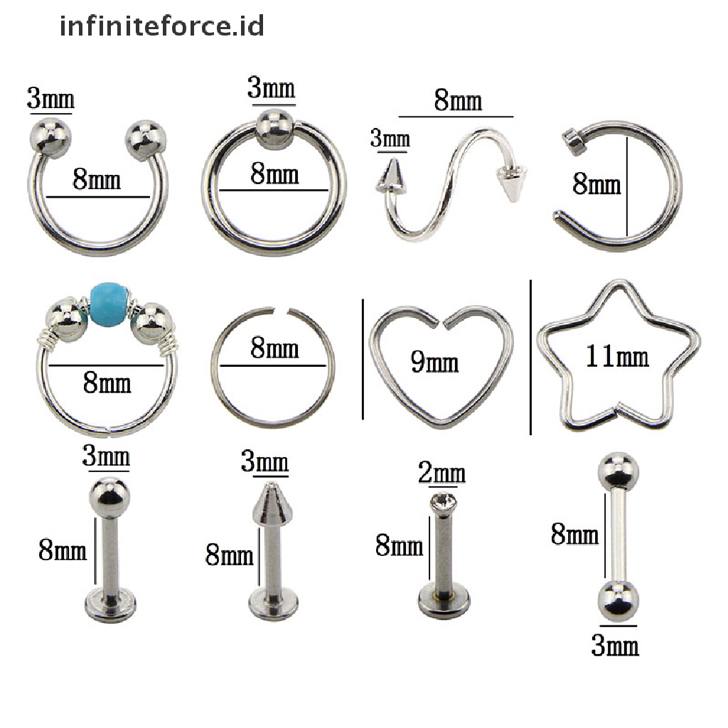 Infiniteforce.id 12pcs / Set Cincin Tindik Tubuh / Hidung Unisex Dewasa
