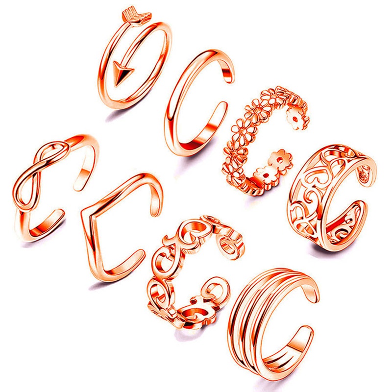 Fancyqube 8pcs / Set Cincin Jari Kaki Model Terbuka Dapat Disesuaikan Desain Hati Untuk Wanita