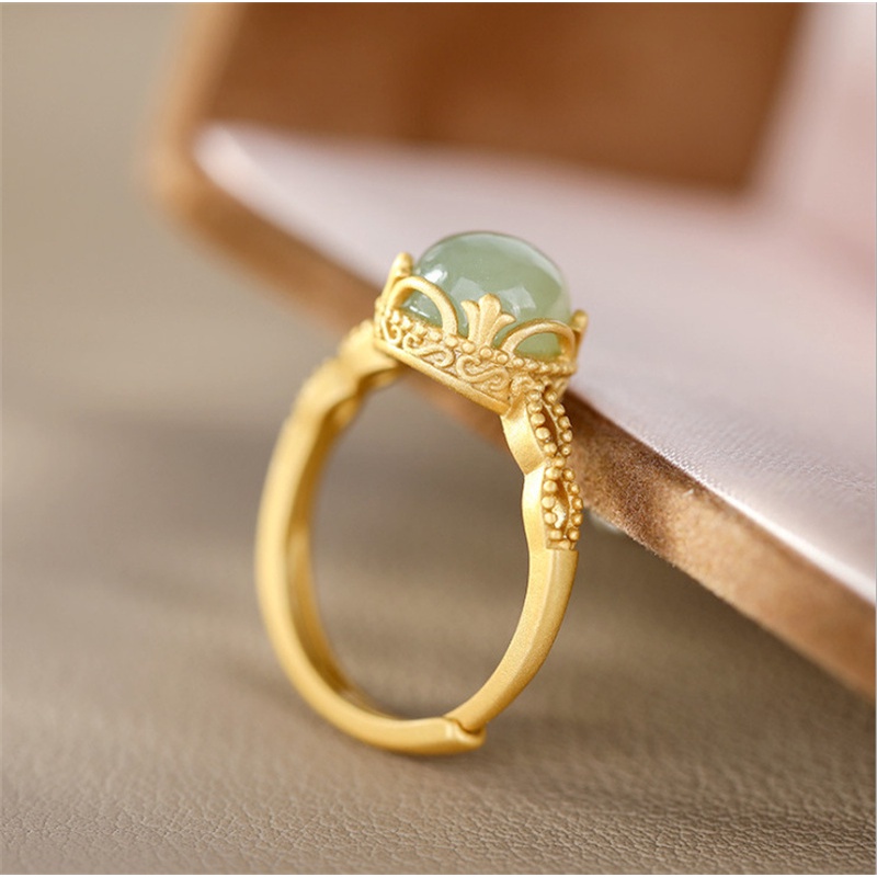 Cincin Giok Hetian Natural Bentuk Bulat Warna Emas Untuk Wanita