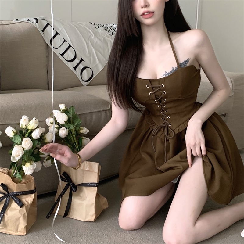 Suhao manis dan keren hot girl suspender halter dress wanita musim panas murni keinginan angin backl