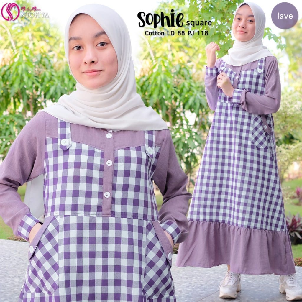 SOPHIE DRESS REMAJA CANTIK DAN ANGGUN ORIGINAL SHOFIYA BAHAN KATUN MOTIF KOTAK=KOTAK