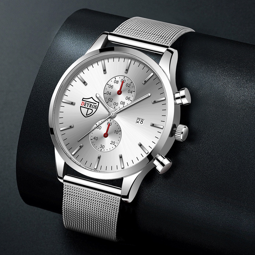 Jam Tangan Pria Strap Pasir Rantai Anti Air Original DEYROS Business Casual Men Watch Quartz STAINLESS STEEL Water Resistance 3 ATM Dengan Tanggal Arloji Cowok Keren Milenial Glow in the dark