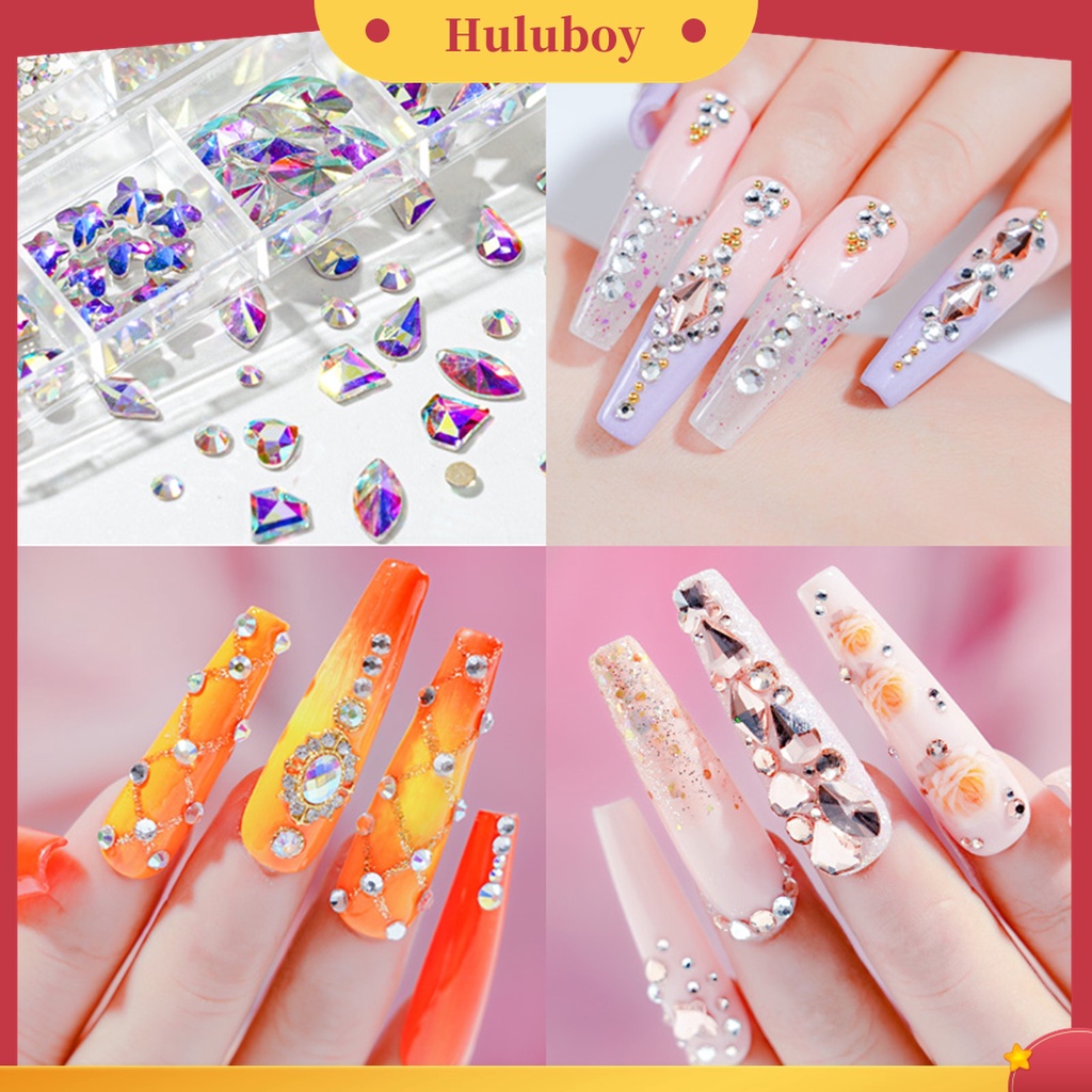 Huluboy Huluboy♡ 12 Grids / Box Berlian Imitasi Glitter Warna-Warni Untuk Dekorasi Nail Art
