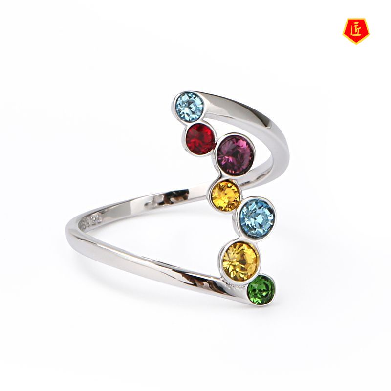 [Ready Stock]S925 Silver Inlaid Colorful round Gemstone Ring