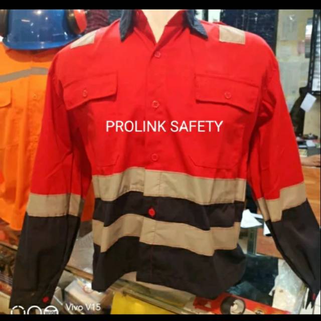 SERAGAM BAJU SAFETY DONGKER KOMBINASI MERAH SCOTLIGHT DOBLE PUNDAK 5CM