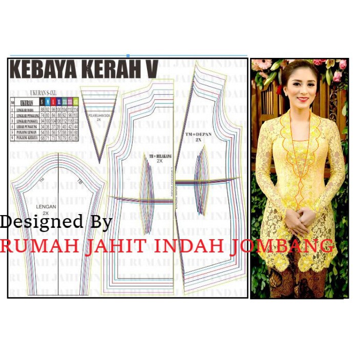 Pola Baju Pola jahit Pola Kebaya kerah V ukuran S - 3XL