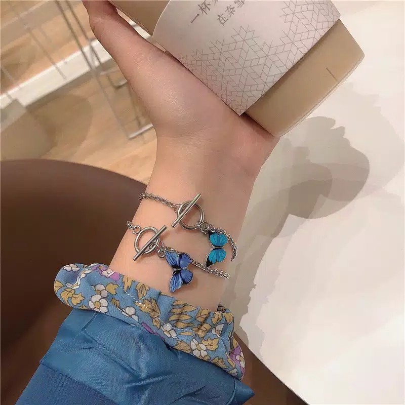 Gelang Korean Liontin Kupu-Kupu Fashion Wanita Model Korea Warna Biru