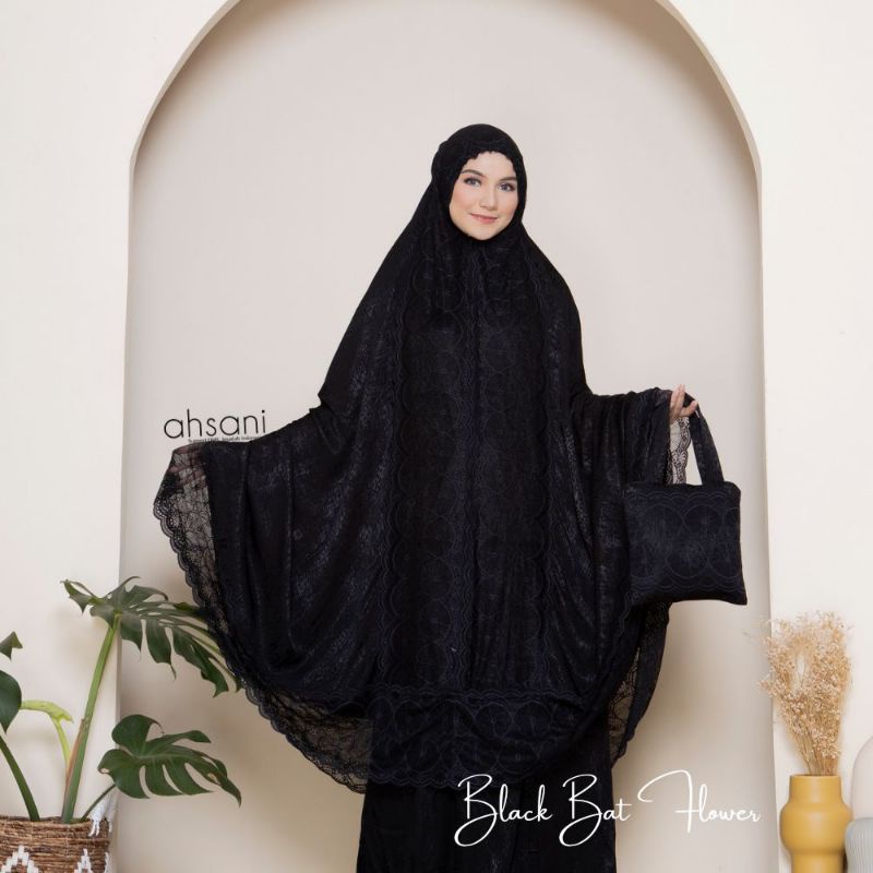 MUKENA DEWASA AHSANI BLACK BAT FLOWER TELEKUNG ADEM MUKENA HITAM DINGIN MUKENA UMROH