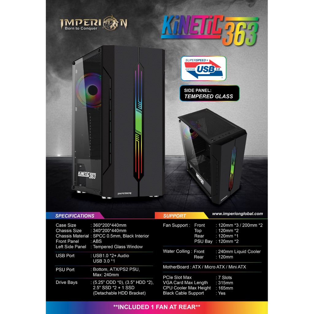 CASING GAMING ATX IMPERION KINETIC 363 BONUS 1 FAN KACA TRANSPARAN