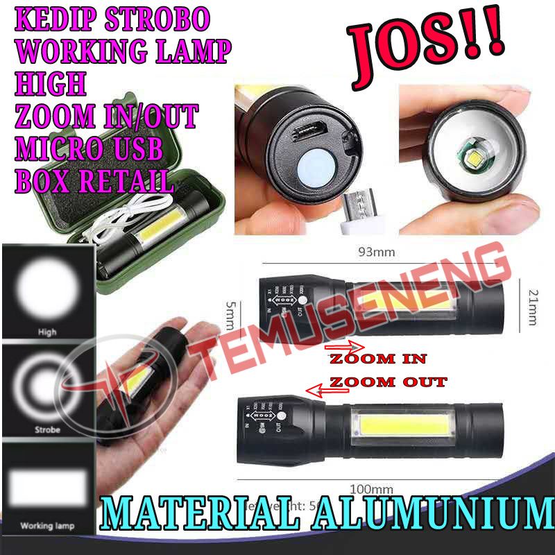 Senter Mini Swat Police Xpe Cob Led Zoom Kedip Strobo Super Terang Lampu Camping Outdoor Micro Usb